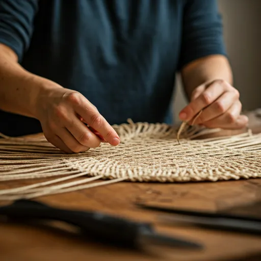 Mains d'une artisane tissant des fibres naturelles